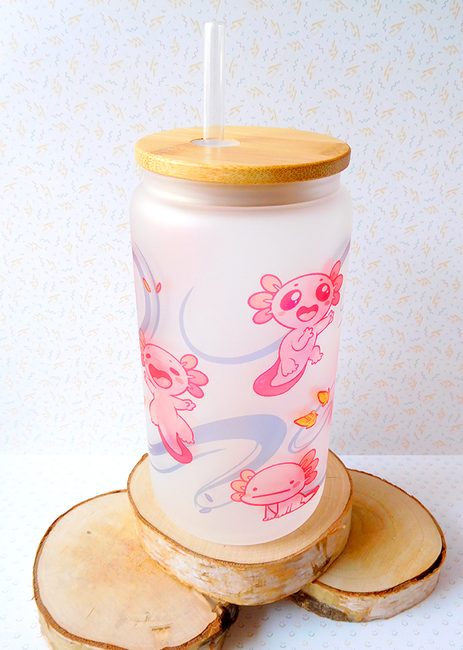 Pink Axolotl glass tumbler