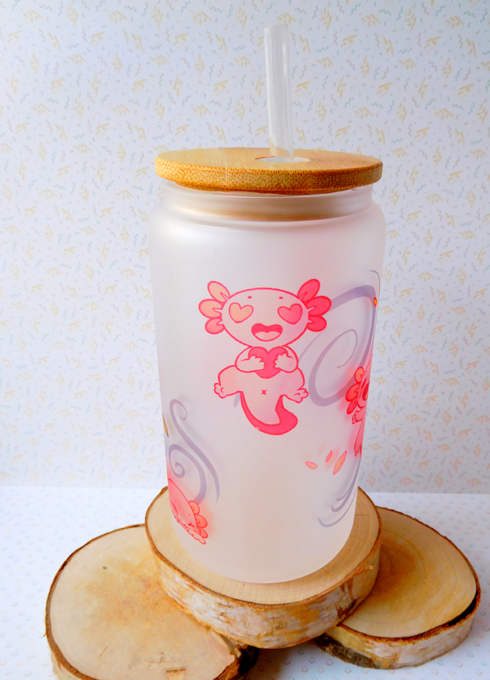 Pink Axolotl glass tumbler