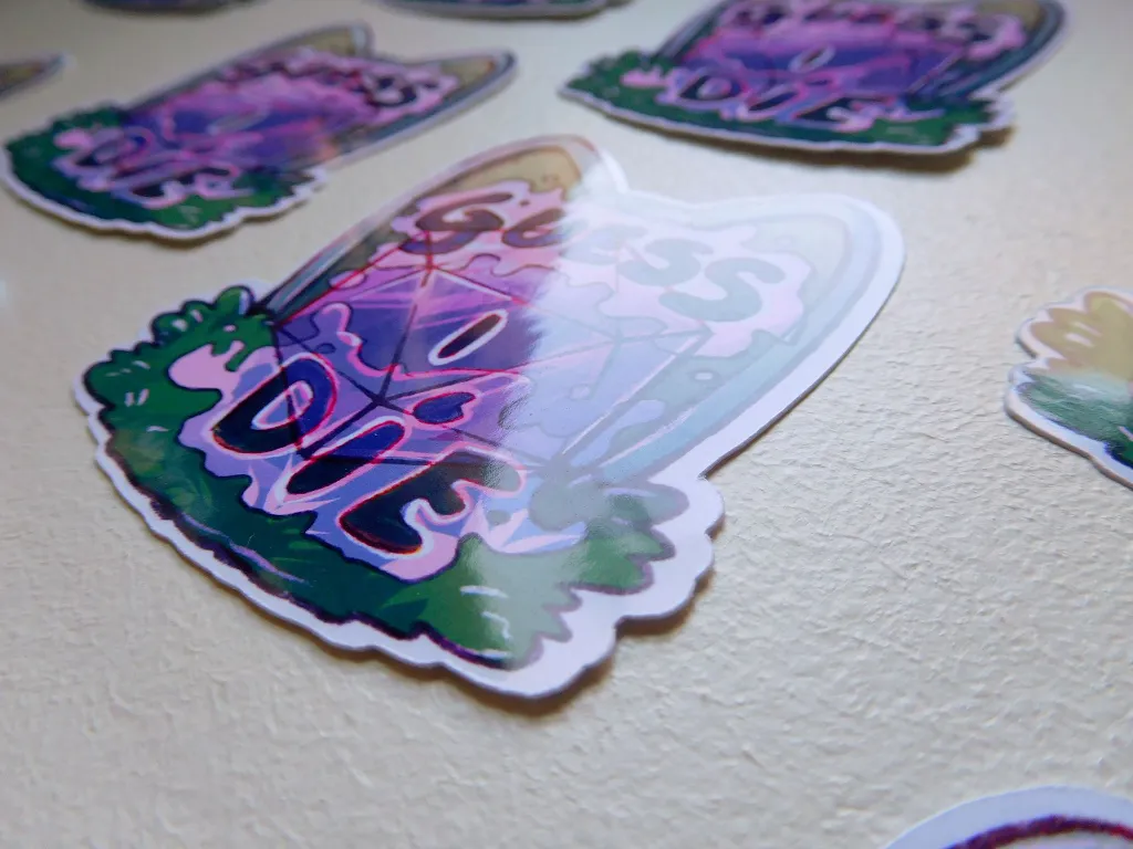 Guess I Die dice sticker detail shot