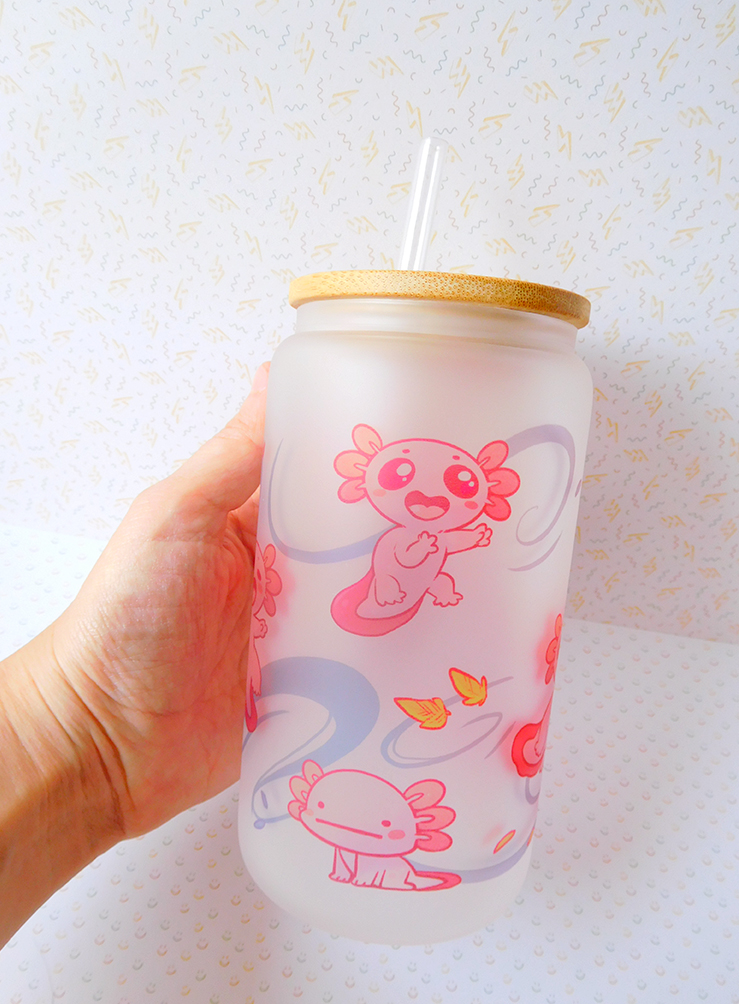 Pink Axolotl glass tumbler